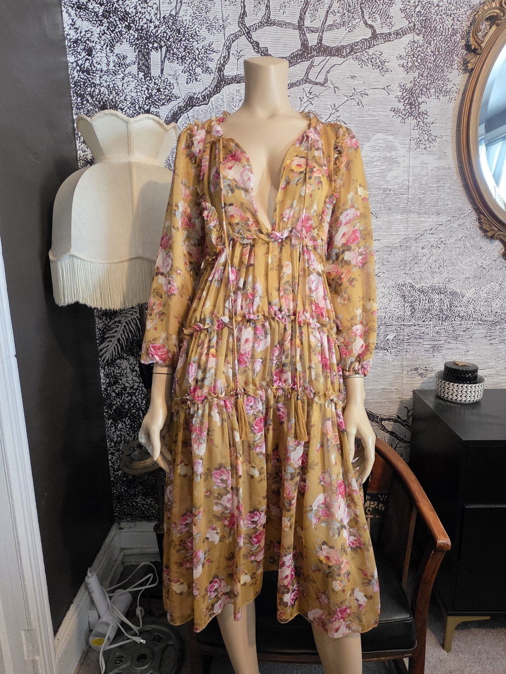 Anthropologie O.P.T Felicity Tiered Ruffle Chiffon Floral Midi Dress M NWOT